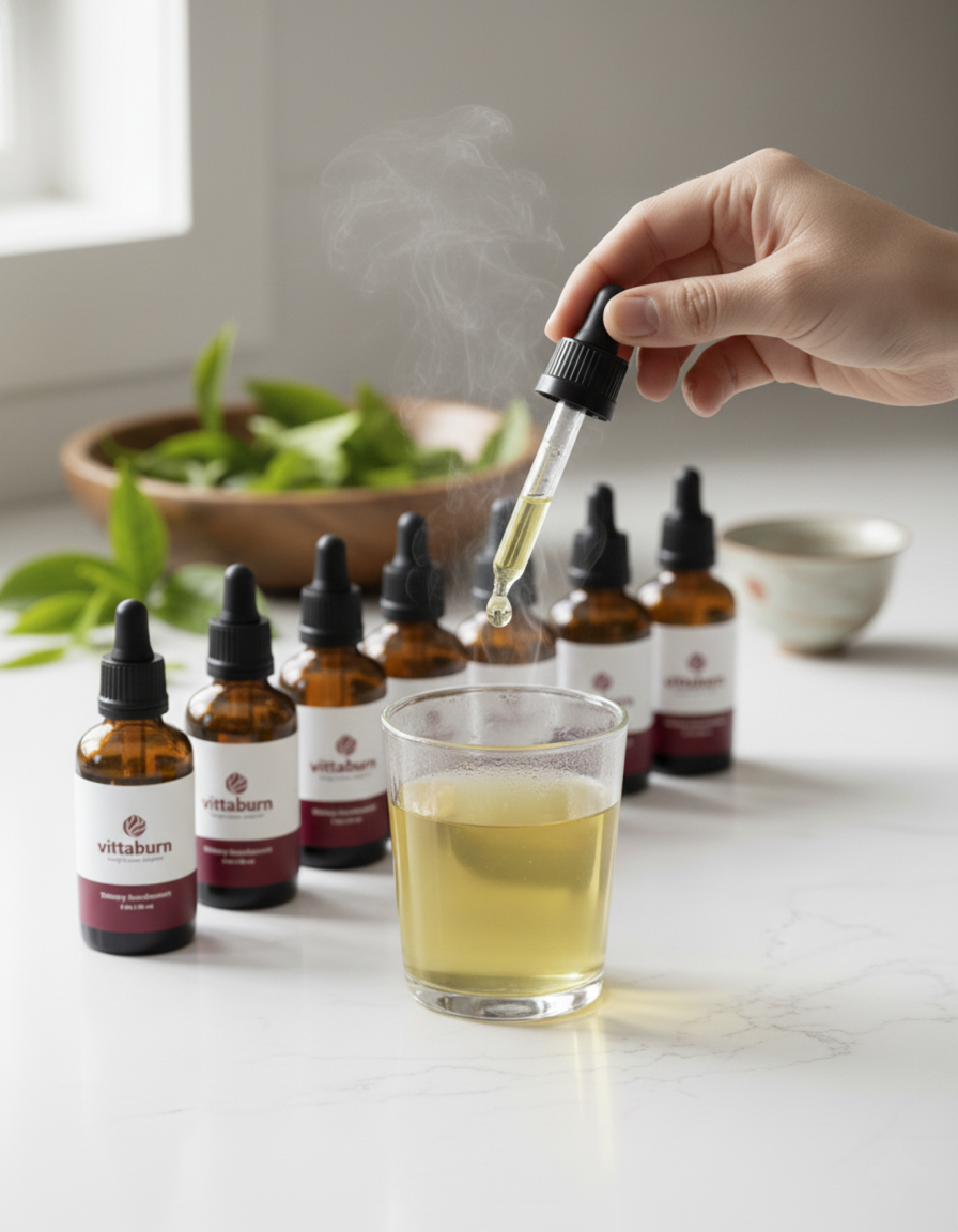 Bottles of VittaBurn drops arranged neatly on a counter with fresh green tea leaves in the background